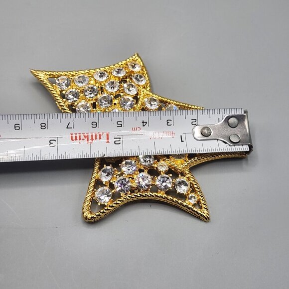 Flat Bow Brooch Pin Costume Jewelry Gold Tone Clear Stones Holiday Gift Xmas - Picture 10 of 11